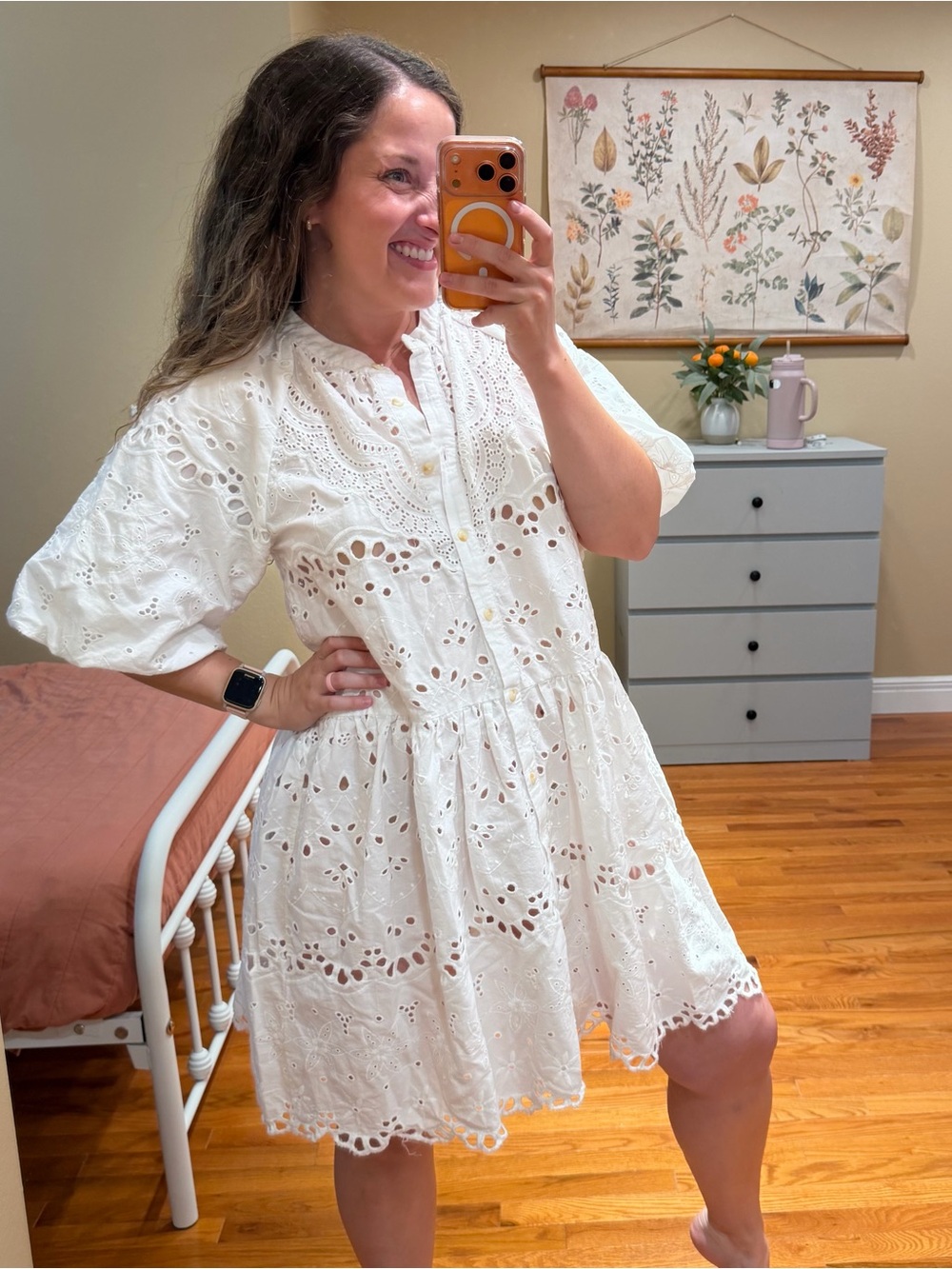 Anthropologie White Eyelet Cotton Short Sleeve Dress Medium